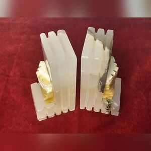​Vintage Carved Onyx Bookends Mayan Aztec Totem Art Deco Style Stone Alabaster